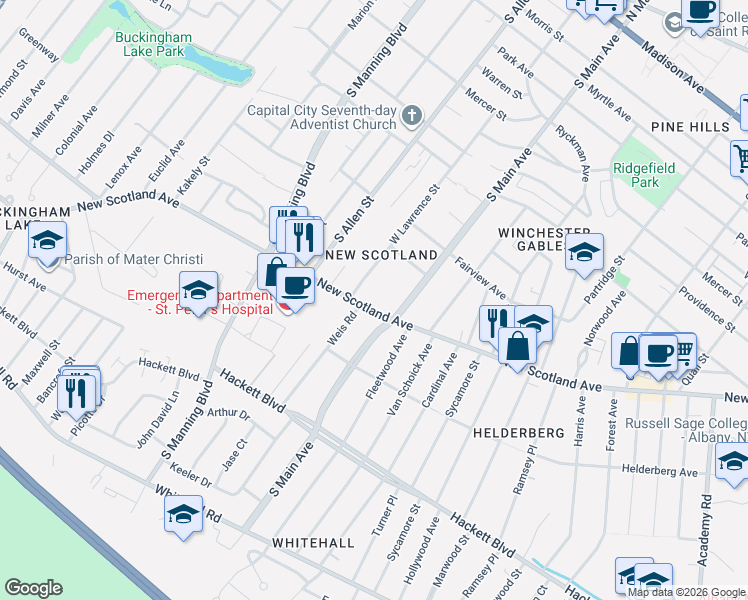 map of restaurants, bars, coffee shops, grocery stores, and more near in Albany