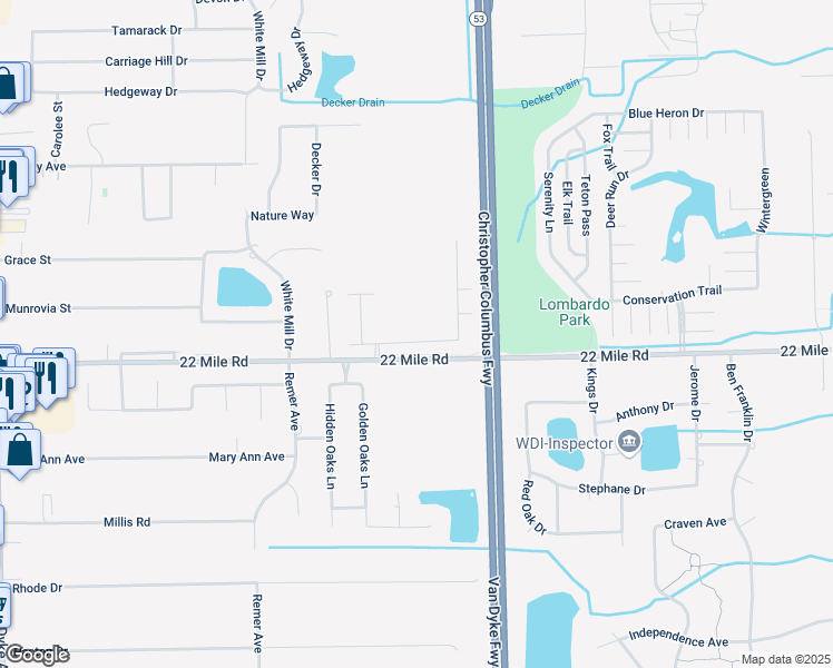 map of restaurants, bars, coffee shops, grocery stores, and more near 11377 North Woods Drive in Macomb County
