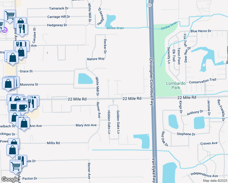 map of restaurants, bars, coffee shops, grocery stores, and more near 49050 Hidden Woods Lane in Macomb County