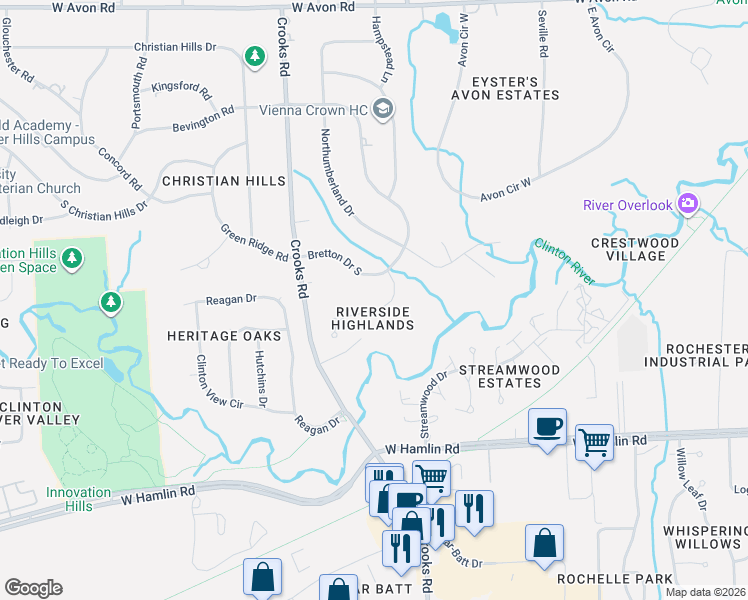 map of restaurants, bars, coffee shops, grocery stores, and more near 1861 Ludgate Lane in Rochester Hills