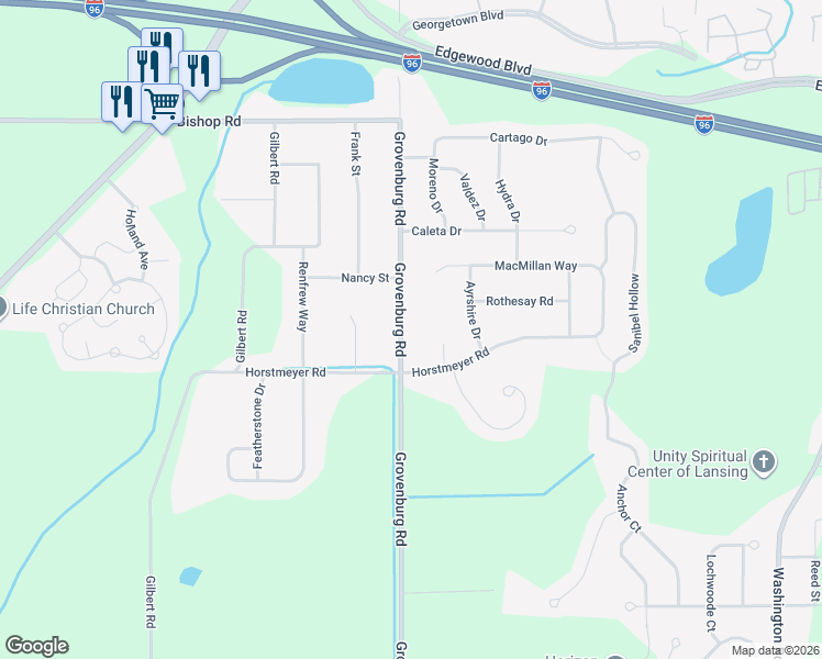 map of restaurants, bars, coffee shops, grocery stores, and more near 2520 Grovenburg Road in Lansing
