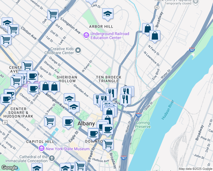 map of restaurants, bars, coffee shops, grocery stores, and more near 22 Ten Broeck Street in Albany