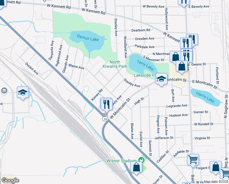 map of restaurants, bars, coffee shops, grocery stores, and more near 702 Livingstone Avenue in Pontiac