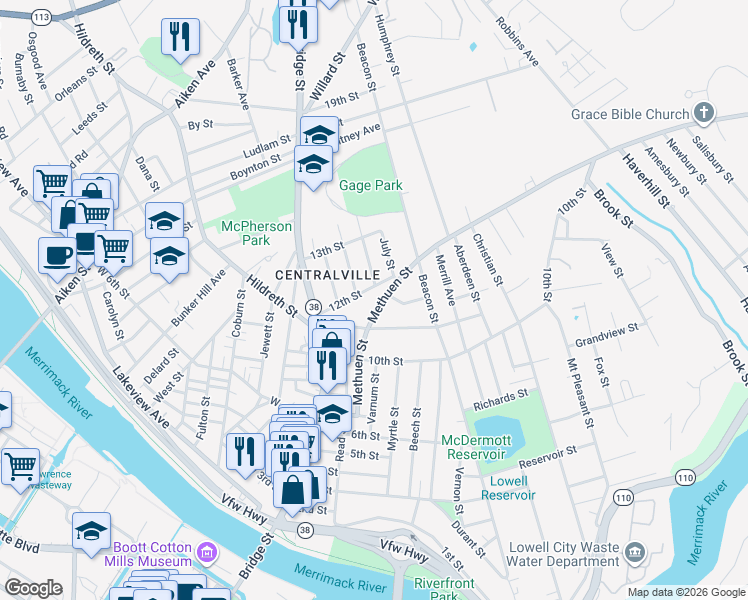 map of restaurants, bars, coffee shops, grocery stores, and more near 134 Methuen Street in Lowell