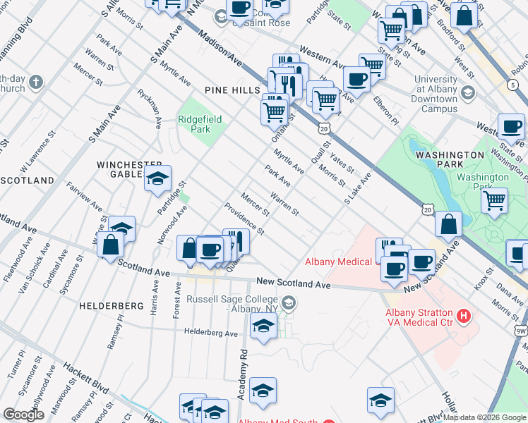 map of restaurants, bars, coffee shops, grocery stores, and more near 564 Mercer Street in Albany