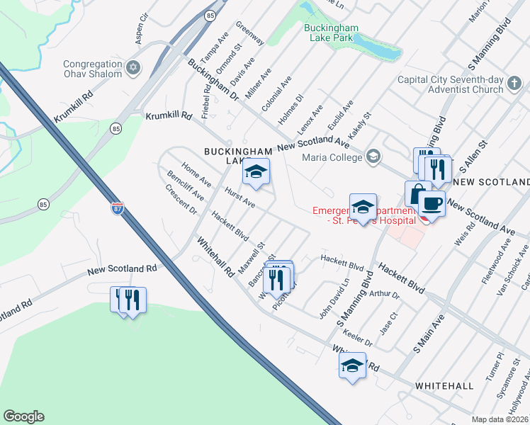 map of restaurants, bars, coffee shops, grocery stores, and more near 40 Hopewell Street in Albany