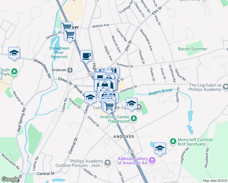 map of restaurants, bars, coffee shops, grocery stores, and more near 28 Chestnut Street in Andover