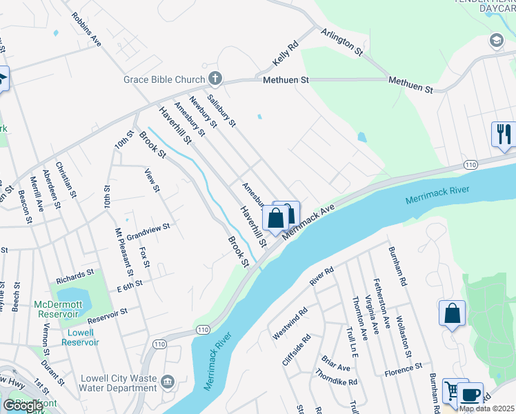 map of restaurants, bars, coffee shops, grocery stores, and more near 16 Amesbury Street in Dracut