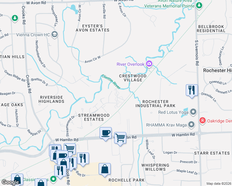map of restaurants, bars, coffee shops, grocery stores, and more near 1503 Streamwood Court in Rochester Hills