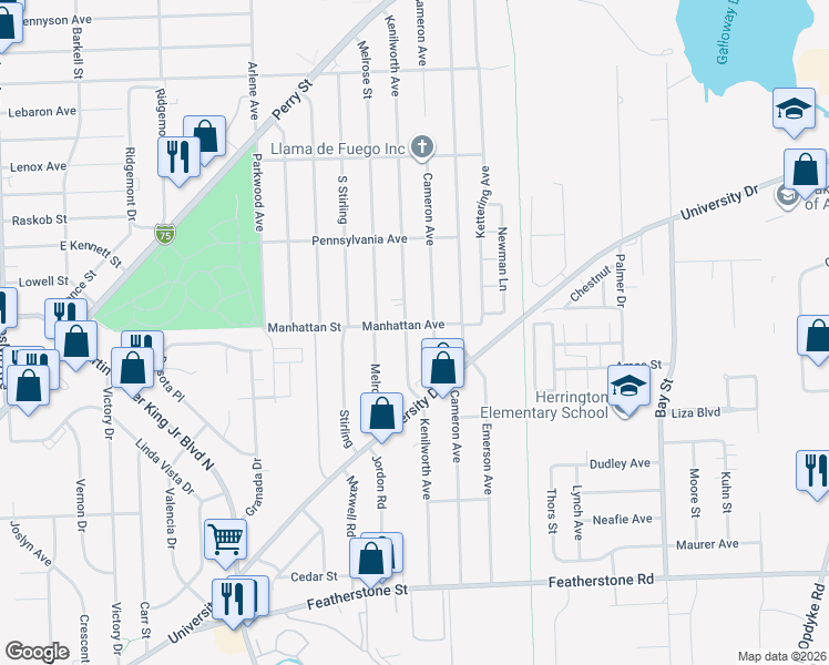 map of restaurants, bars, coffee shops, grocery stores, and more near 631 Cameron Avenue in Pontiac