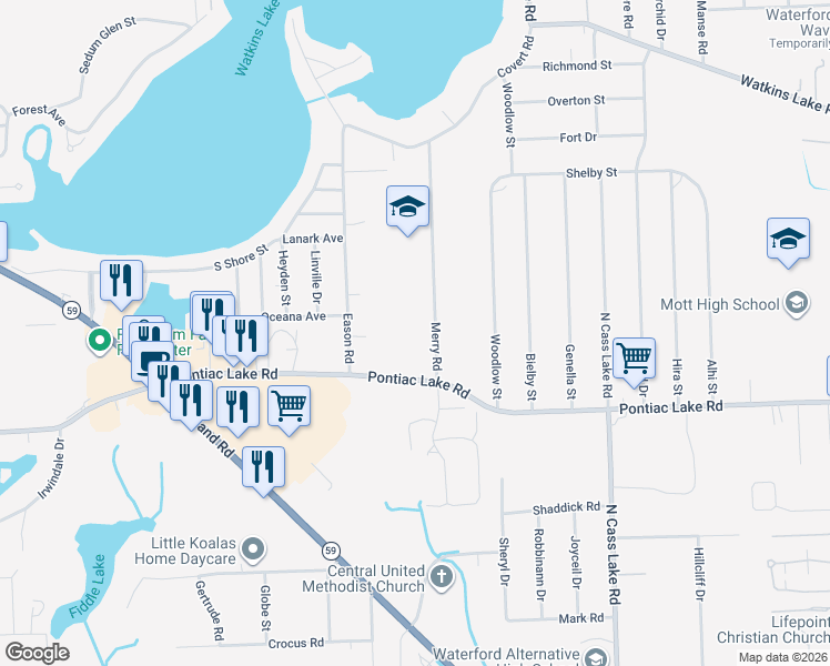 map of restaurants, bars, coffee shops, grocery stores, and more near 3920 Pontiac Lake Road in Waterford Township