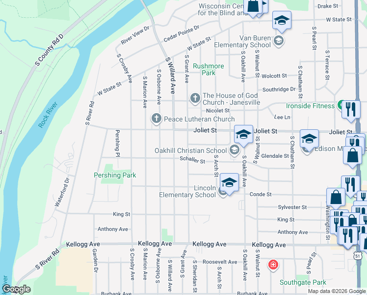 map of restaurants, bars, coffee shops, grocery stores, and more near 2122 Schaller Street in Janesville