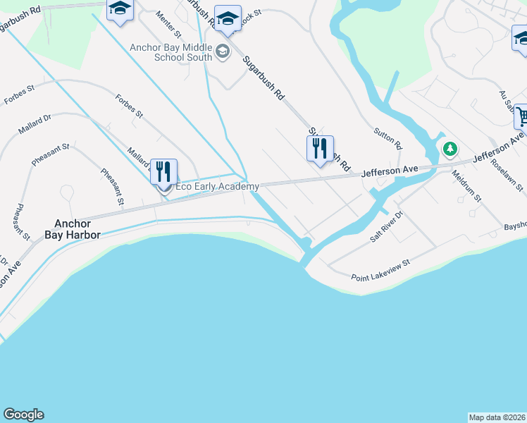 map of restaurants, bars, coffee shops, grocery stores, and more near 48590 Harbor Drive in New Baltimore