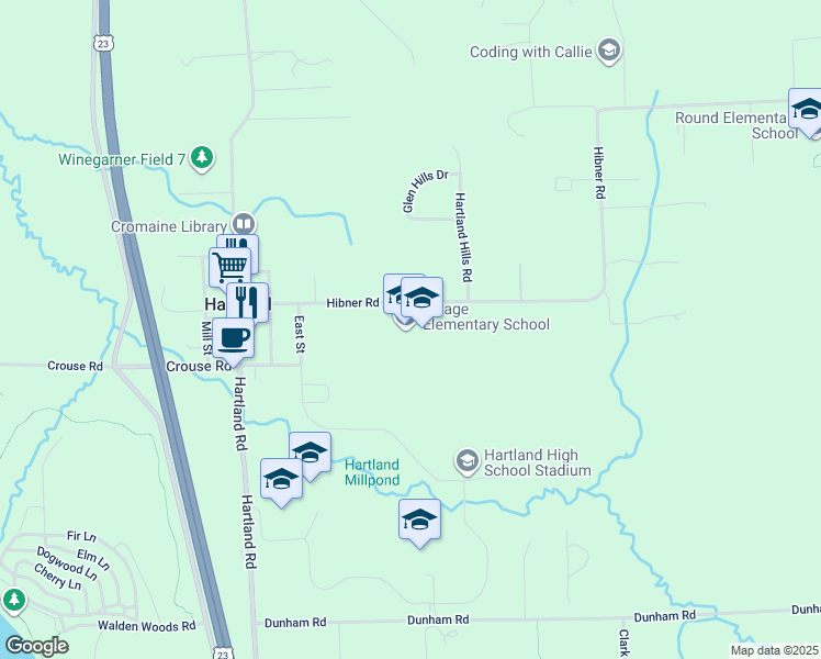 map of restaurants, bars, coffee shops, grocery stores, and more near 10632 Hibner Road in Hartland
