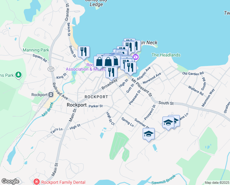 map of restaurants, bars, coffee shops, grocery stores, and more near 34-36 School Street in Rockport