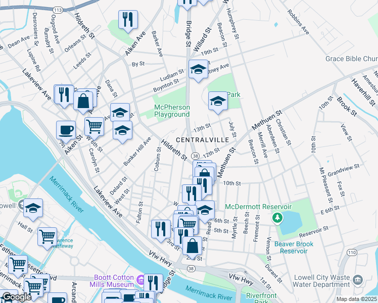 map of restaurants, bars, coffee shops, grocery stores, and more near 50 Hampshire Street in Lowell