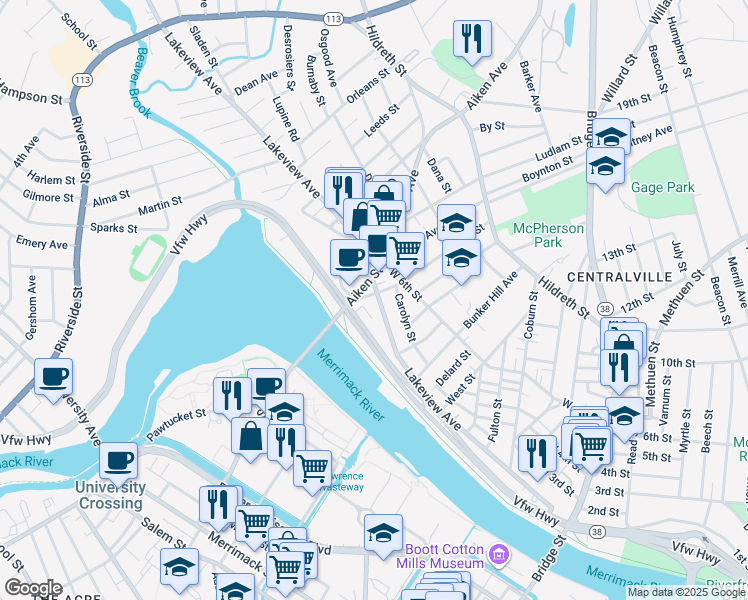 map of restaurants, bars, coffee shops, grocery stores, and more near 1 Ennell Street in Lowell