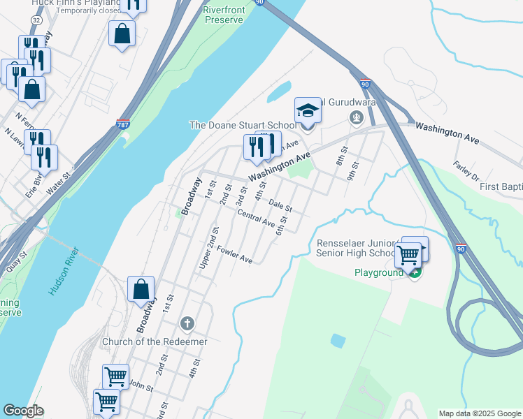 map of restaurants, bars, coffee shops, grocery stores, and more near 1606 5th Street in Rensselaer