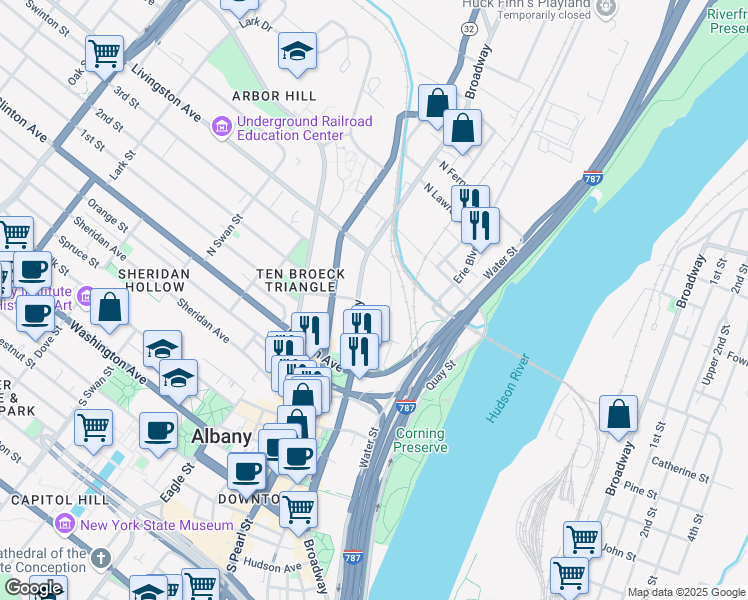 map of restaurants, bars, coffee shops, grocery stores, and more near 725 Broadway in Albany