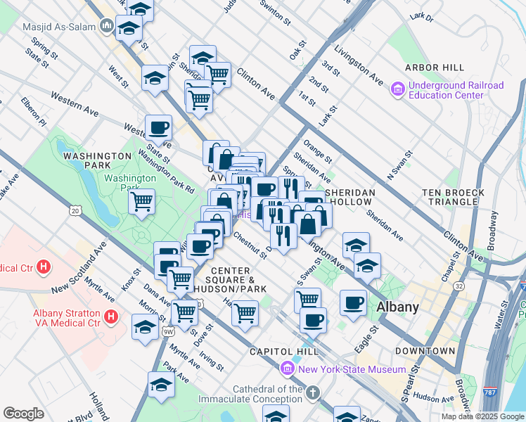 map of restaurants, bars, coffee shops, grocery stores, and more near 18 Spring Street in Albany