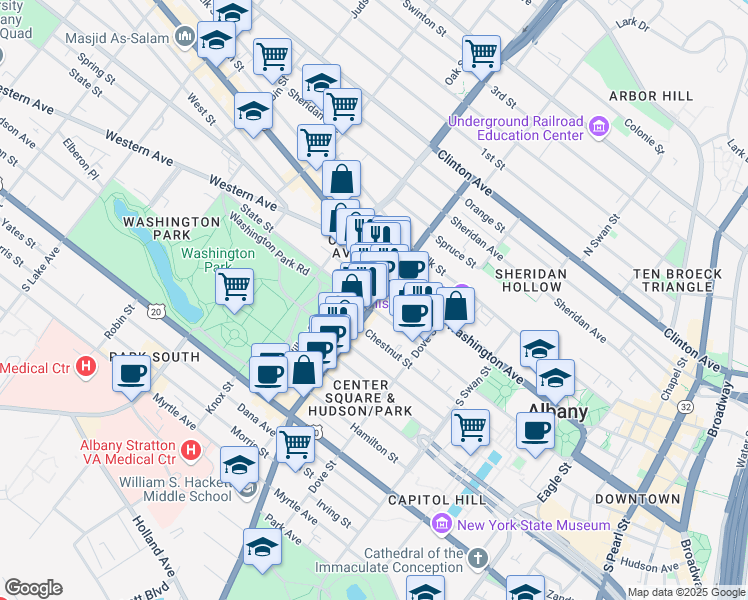 map of restaurants, bars, coffee shops, grocery stores, and more near 342 State Street in Albany