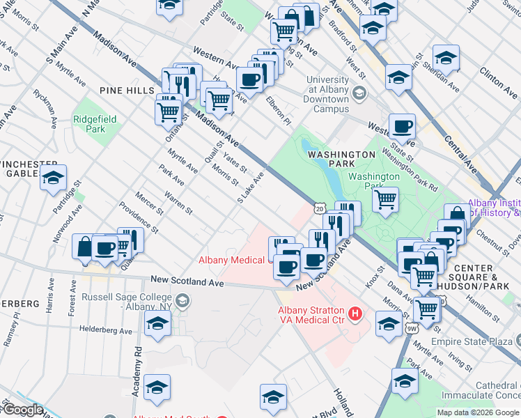 map of restaurants, bars, coffee shops, grocery stores, and more near 473 Myrtle Avenue in Albany