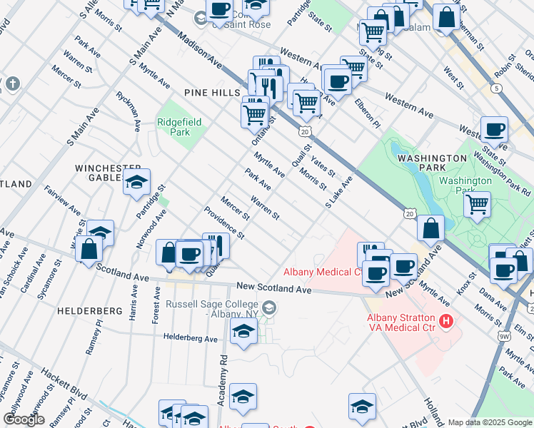 map of restaurants, bars, coffee shops, grocery stores, and more near 528 Warren Street in Albany