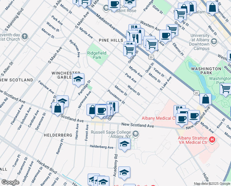 map of restaurants, bars, coffee shops, grocery stores, and more near 606 Providence Street in Albany