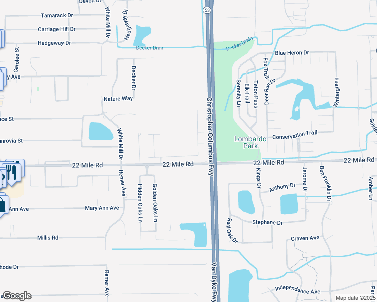 map of restaurants, bars, coffee shops, grocery stores, and more near 11459 North Woods Drive in Macomb County
