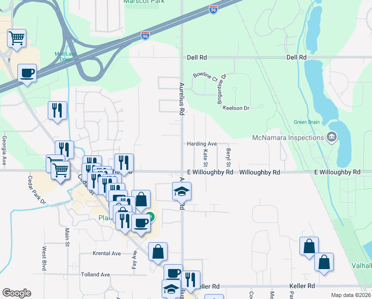 map of restaurants, bars, coffee shops, grocery stores, and more near 7035 North Aurelius Road in Lansing