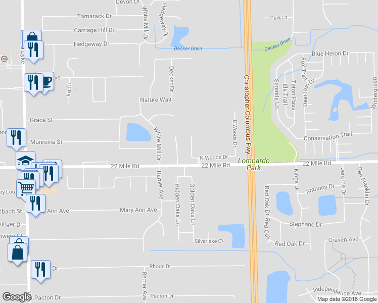 map of restaurants, bars, coffee shops, grocery stores, and more near 49117 West Woods Drive in Shelby Charter Township