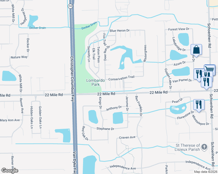 map of restaurants, bars, coffee shops, grocery stores, and more near 49362 Wildwood Court in Macomb County