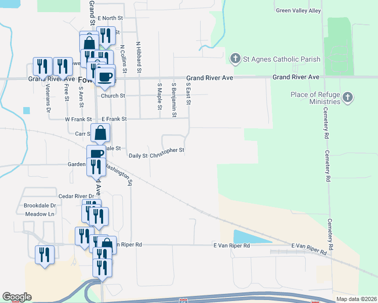 map of restaurants, bars, coffee shops, grocery stores, and more near 635 South East Street in Fowlerville