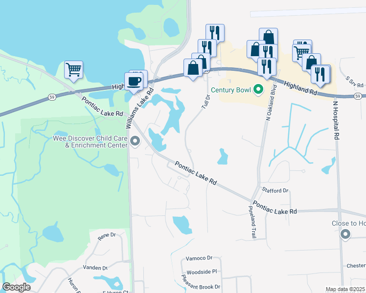 map of restaurants, bars, coffee shops, grocery stores, and more near 1227 Tull Drive in Waterford Township