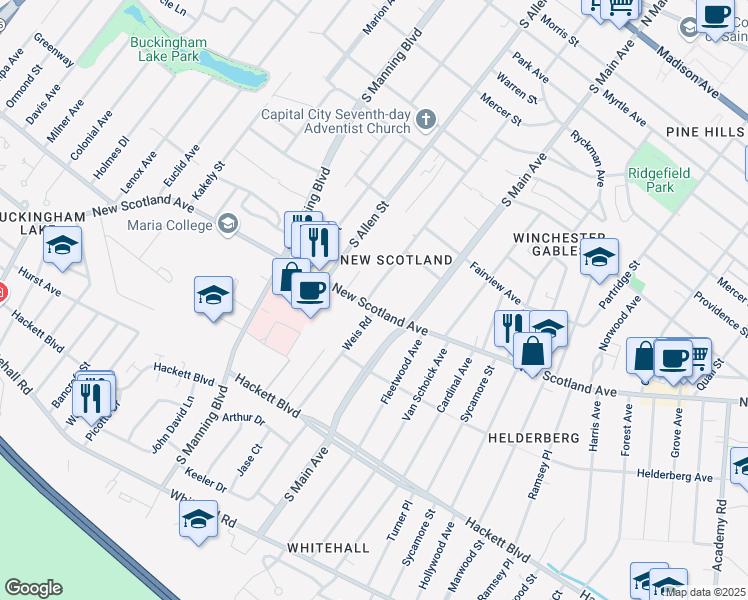 map of restaurants, bars, coffee shops, grocery stores, and more near in Albany