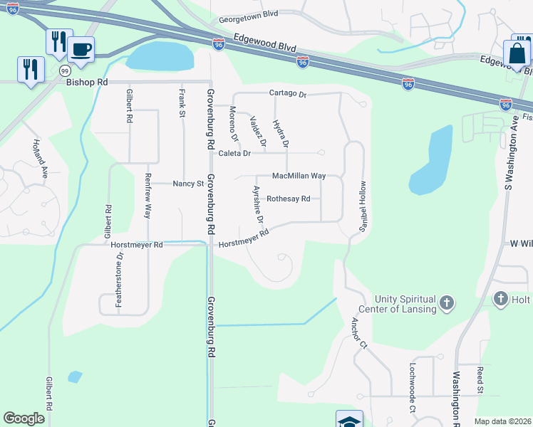 map of restaurants, bars, coffee shops, grocery stores, and more near 5900 Horstmeyer Road in Lansing