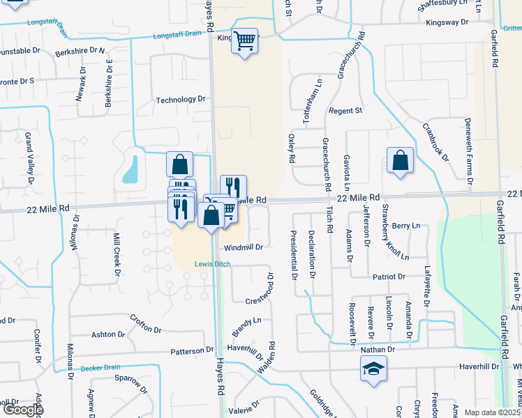 map of restaurants, bars, coffee shops, grocery stores, and more near 15380 Windmill Circle West in Macomb