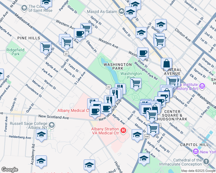 map of restaurants, bars, coffee shops, grocery stores, and more near Madison Avenue & Robin Street in Albany