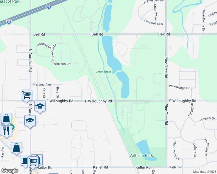 map of restaurants, bars, coffee shops, grocery stores, and more near 4184 East Willoughby Road in Delhi charter Township