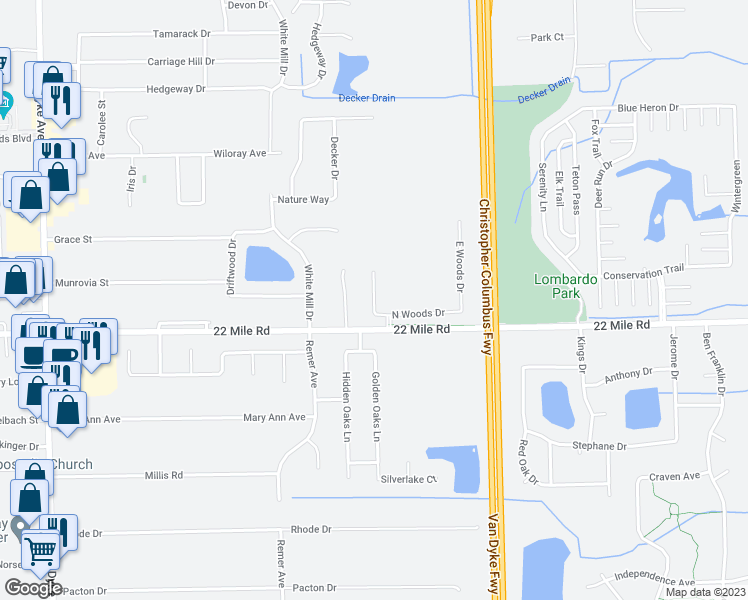map of restaurants, bars, coffee shops, grocery stores, and more near 49135 West Woods Drive in Shelby Charter Township