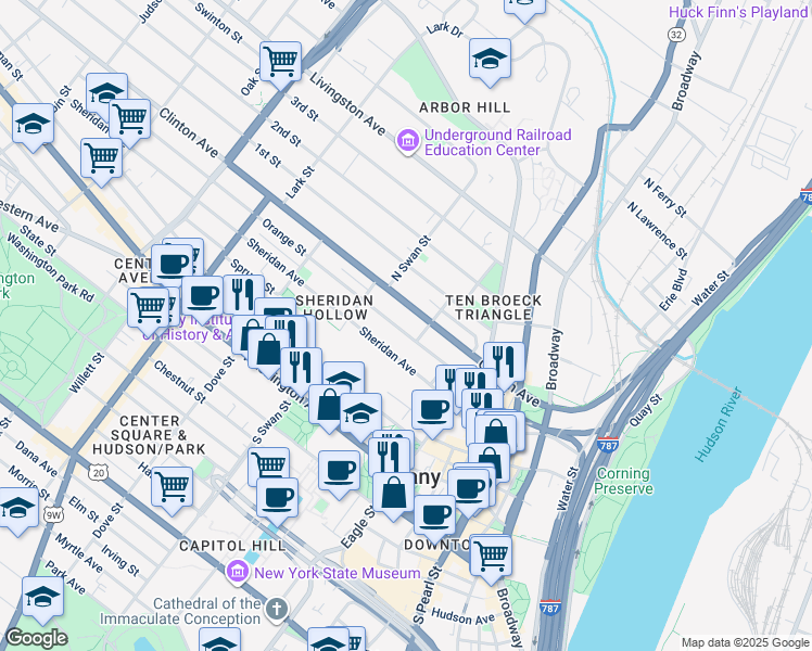 map of restaurants, bars, coffee shops, grocery stores, and more near 101 Sheridan Avenue in Albany