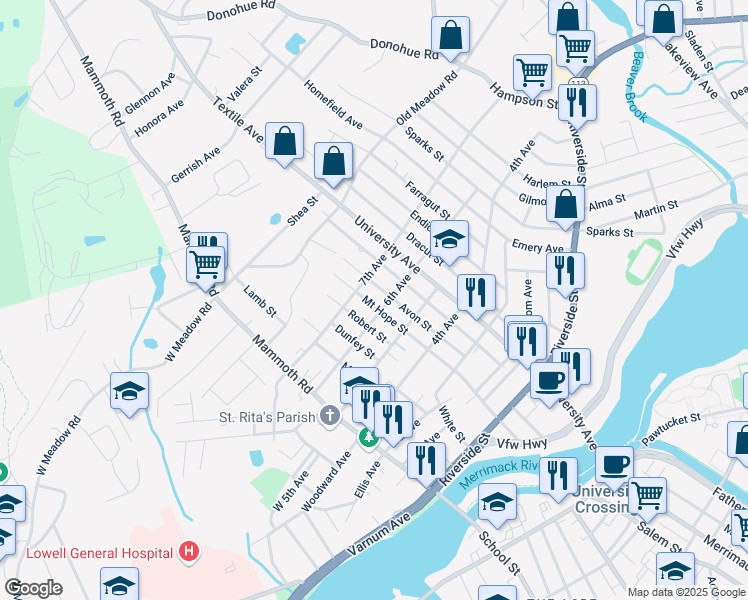 map of restaurants, bars, coffee shops, grocery stores, and more near 216 Mount Hope Street in Lowell