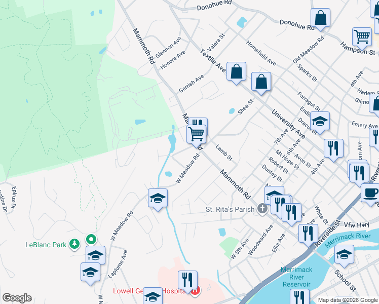 map of restaurants, bars, coffee shops, grocery stores, and more near 30 West Meadow Road in Lowell