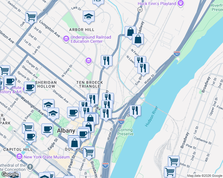 map of restaurants, bars, coffee shops, grocery stores, and more near 725 Broadway in Albany