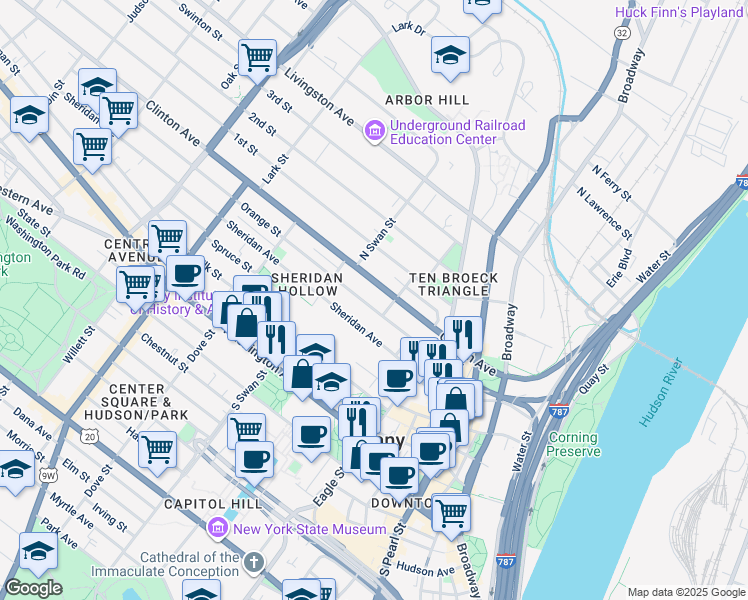 map of restaurants, bars, coffee shops, grocery stores, and more near 101 Sheridan Avenue in Albany