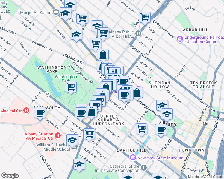map of restaurants, bars, coffee shops, grocery stores, and more near 342 State Street in Albany