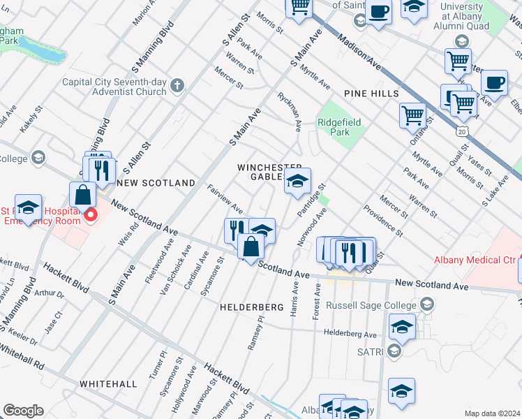 map of restaurants, bars, coffee shops, grocery stores, and more near 26 Parkwood Street in Albany