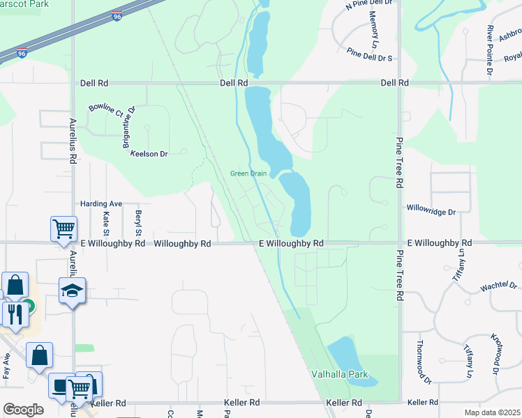 map of restaurants, bars, coffee shops, grocery stores, and more near 2519 Martina Drive in Delhi charter Township