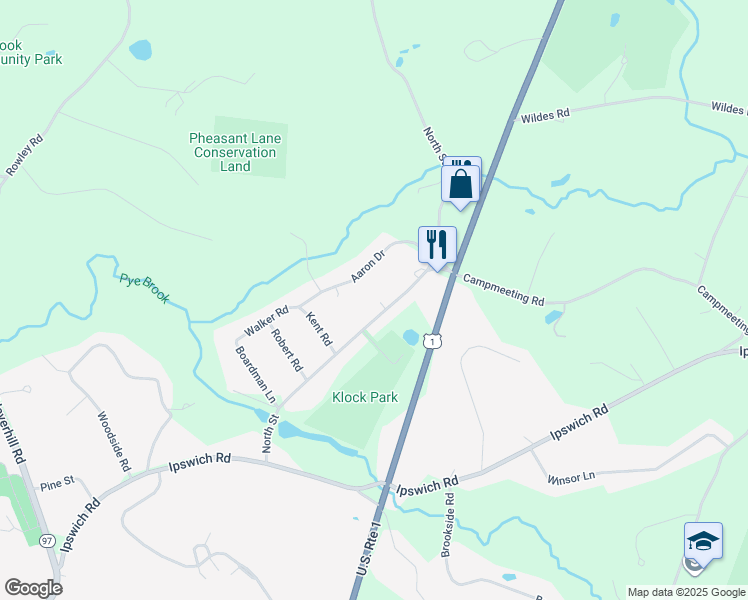 map of restaurants, bars, coffee shops, grocery stores, and more near 44 North Street in Topsfield