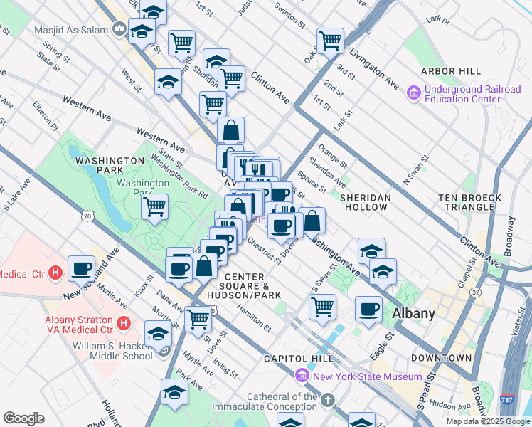 map of restaurants, bars, coffee shops, grocery stores, and more near 196 Lark Street in Albany